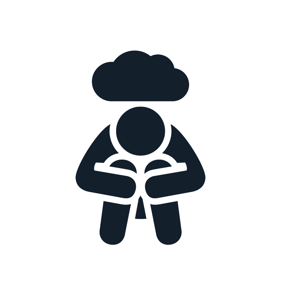 An icon of a depressed person with their head in their knees. Above the person is a dark cloud symbolizing the dark depression feelings the person struggles with.